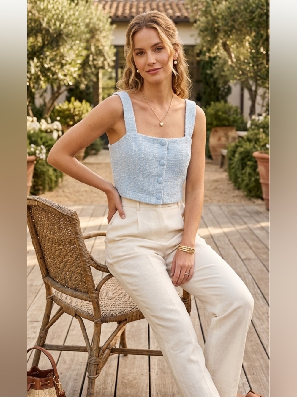 JASON WU Tweed Cropped Top Light Blue Button Front Tank Square Neck Preppy | 2 - Picture 1 of 10